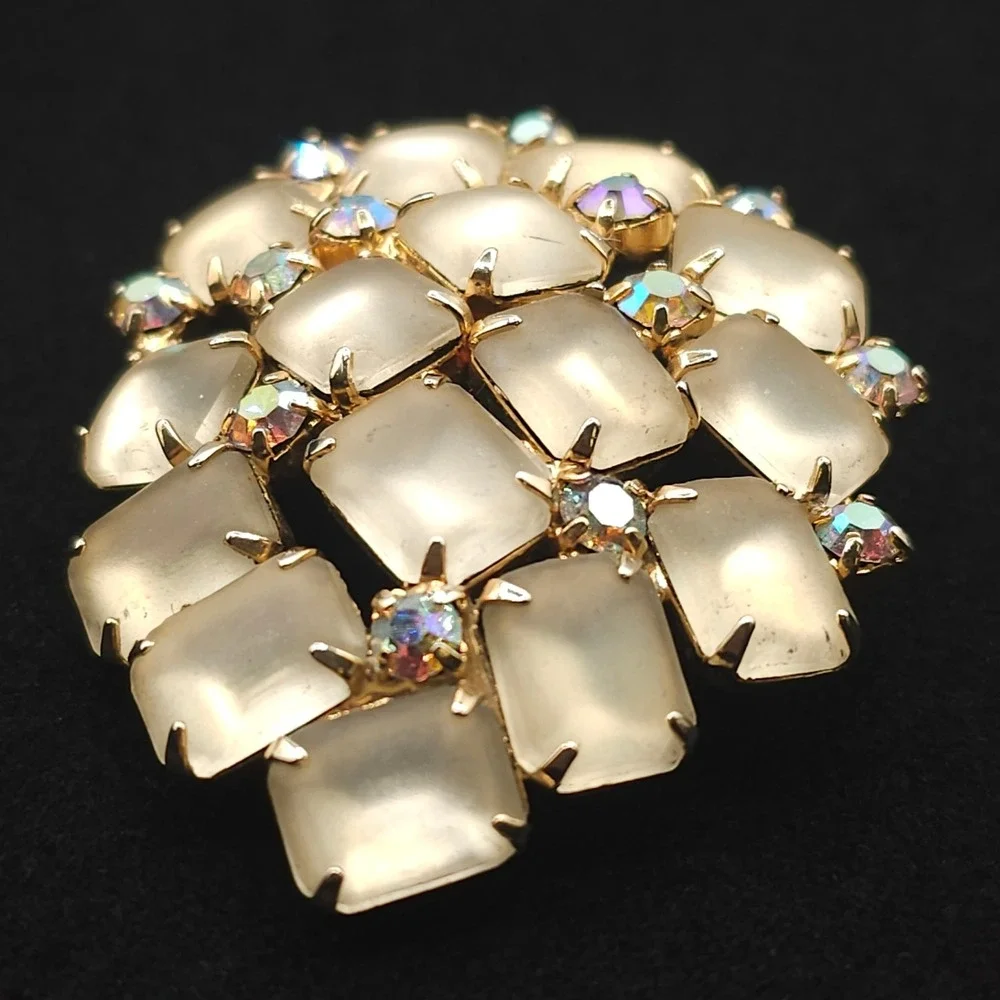 Vtg Frosted Glass Aurora Borealis Rhinestone Brooch Statement Gold Tone Wedding